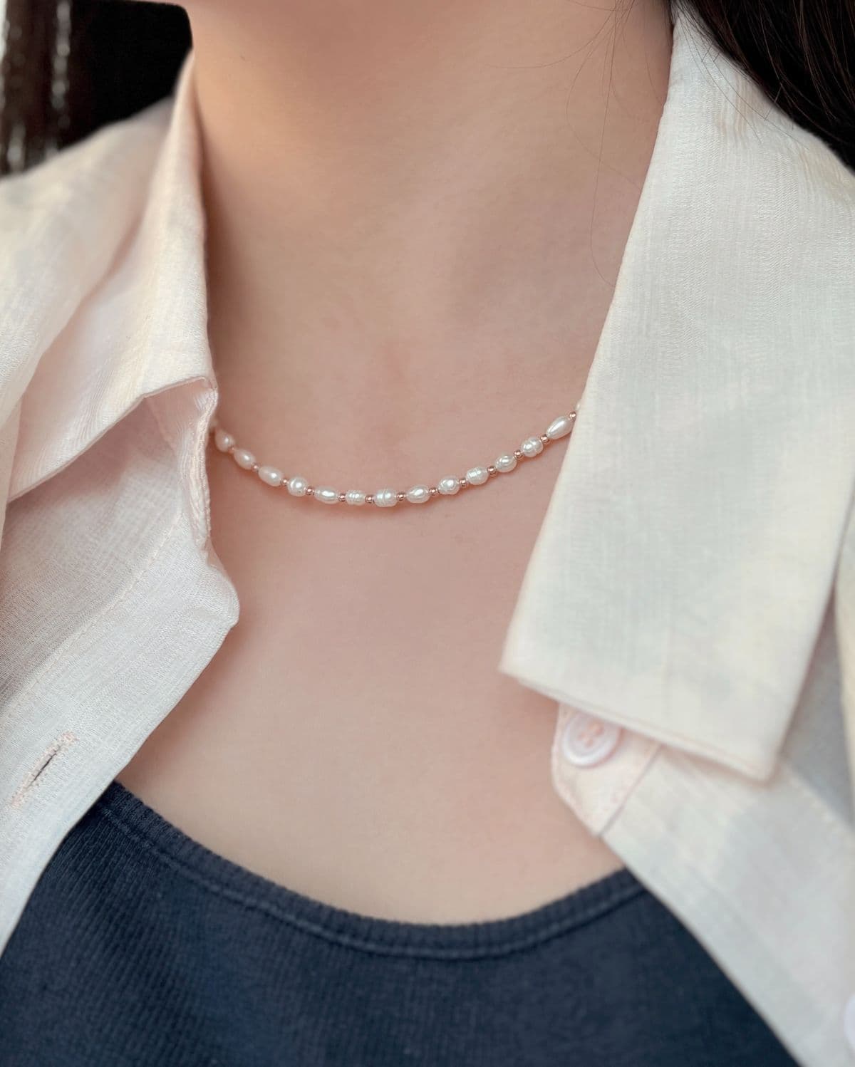 Silver 925 Freshwater Pearl Oval Pearl Silver Ball Necklace - 이미지 9
