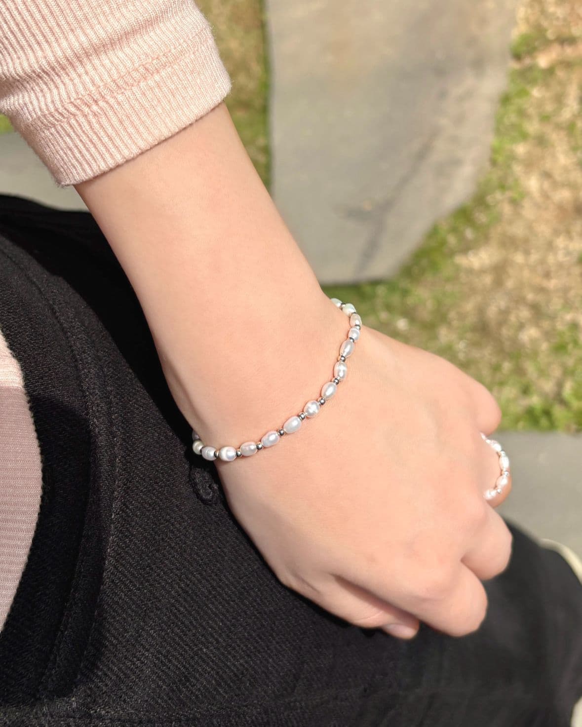 Silver 925 Freshwater Pearl Oval Pearl Bracelet Silver Ball Silver Bracelet Ring Set - 이미지 3