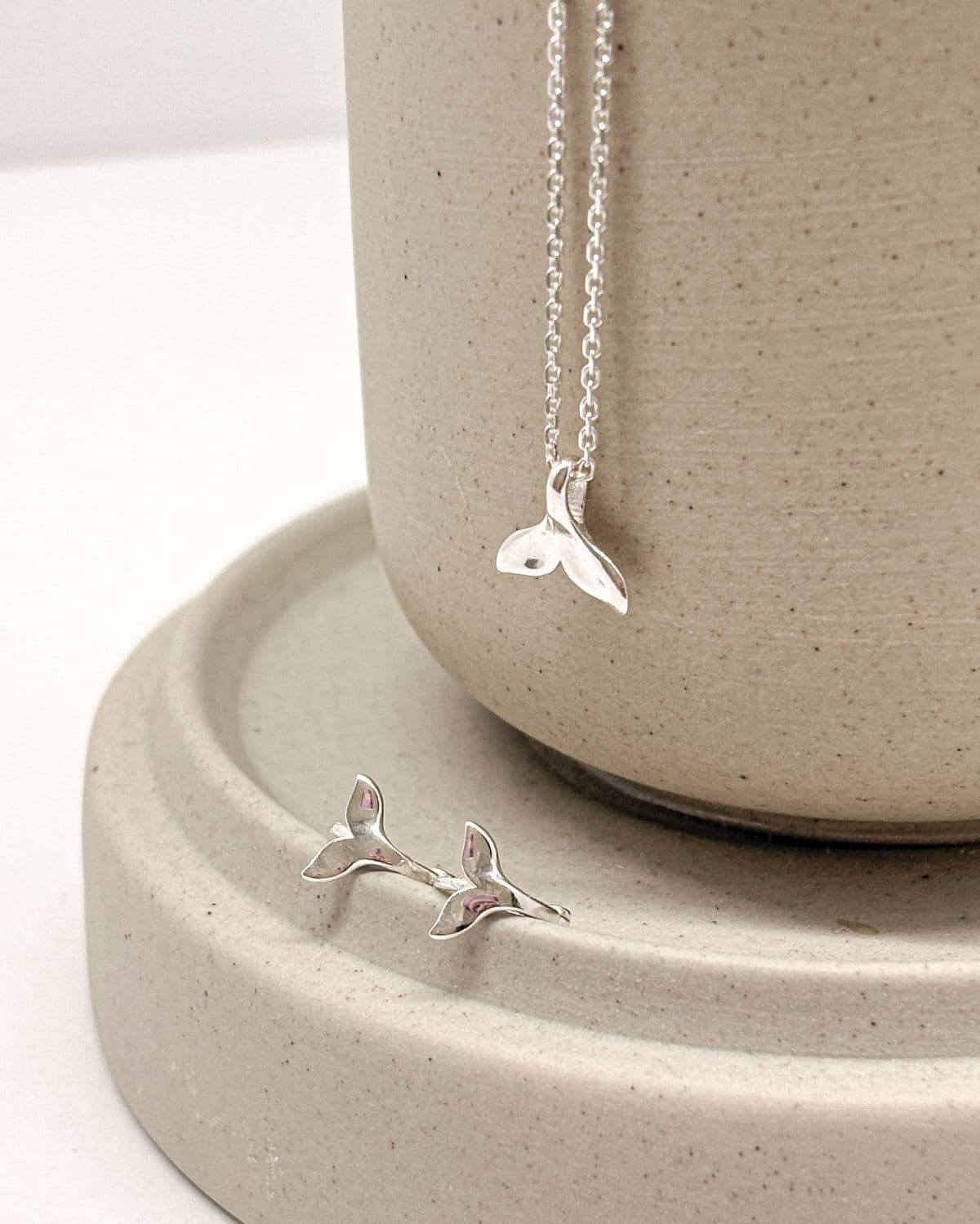 Silver 925 Whale Tail Earrings One-Touch Mini Ring Silver Earring Necklace Set - 이미지 7