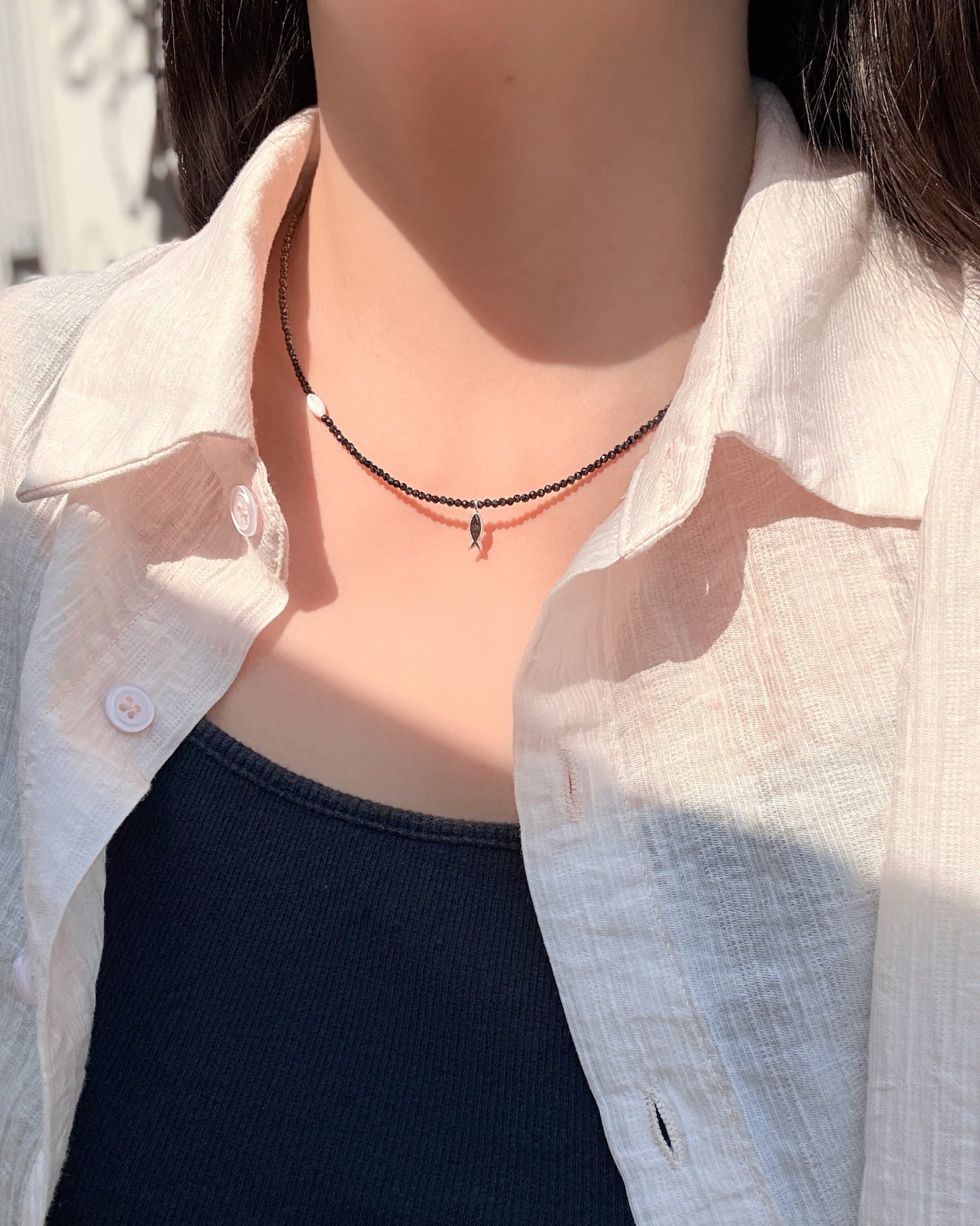 Silver 925 Square Beads Black Fish Pendant Bead Necklace Summer Silver Necklace - 이미지 6