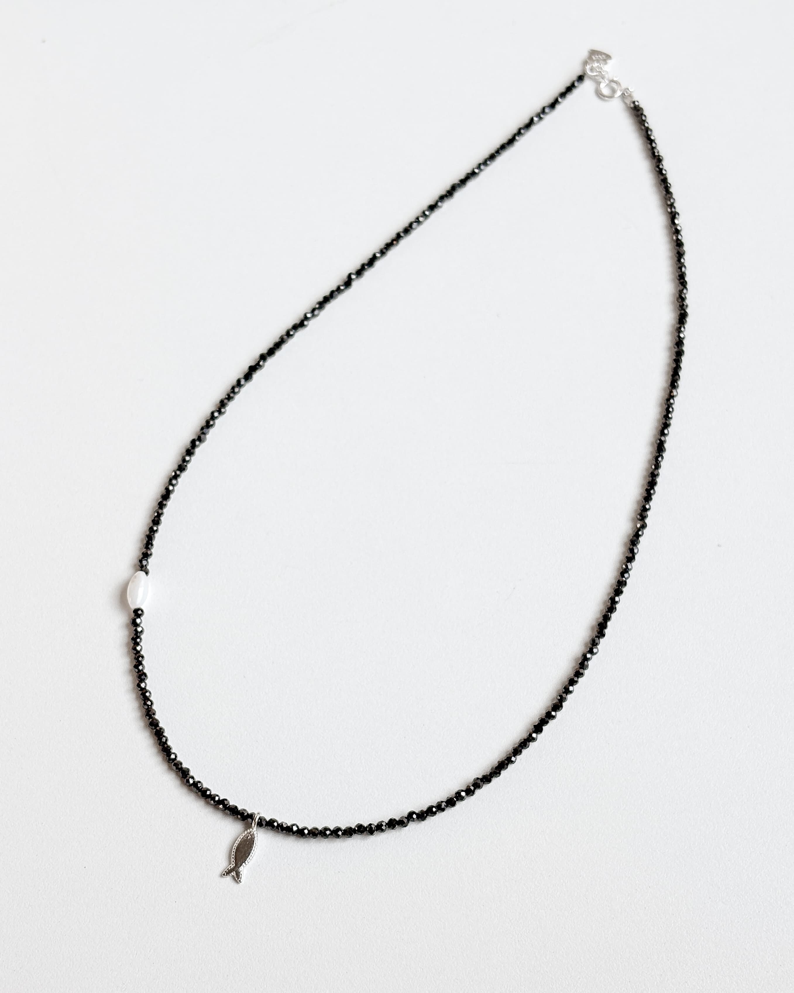 Silver 925 Square Beads Black Fish Pendant Bead Necklace Summer Silver Necklace - 이미지 1