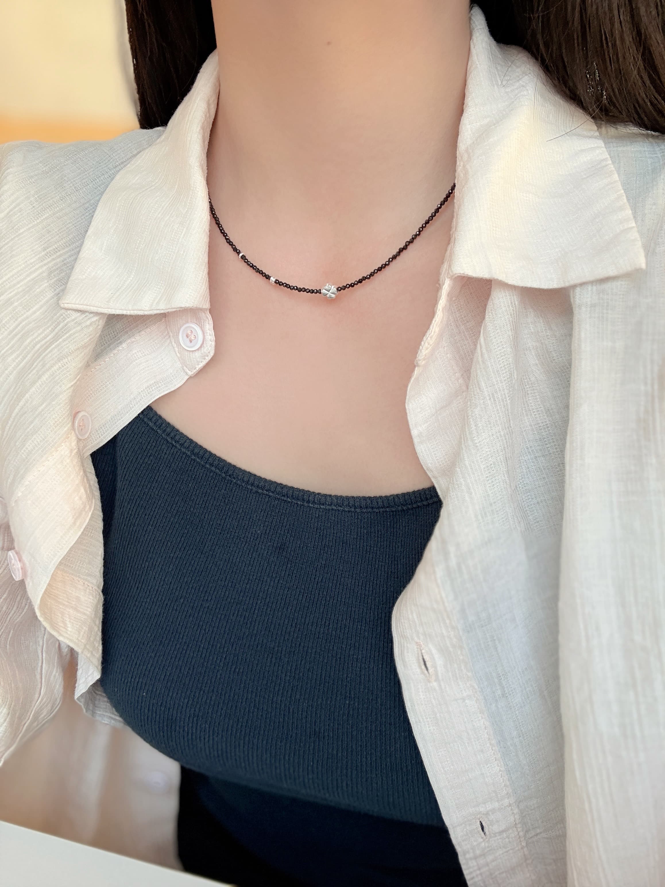 Silver 925 Square Beads Black Bead Necklace Summer Clover Pendant Silver Necklace - 이미지 3