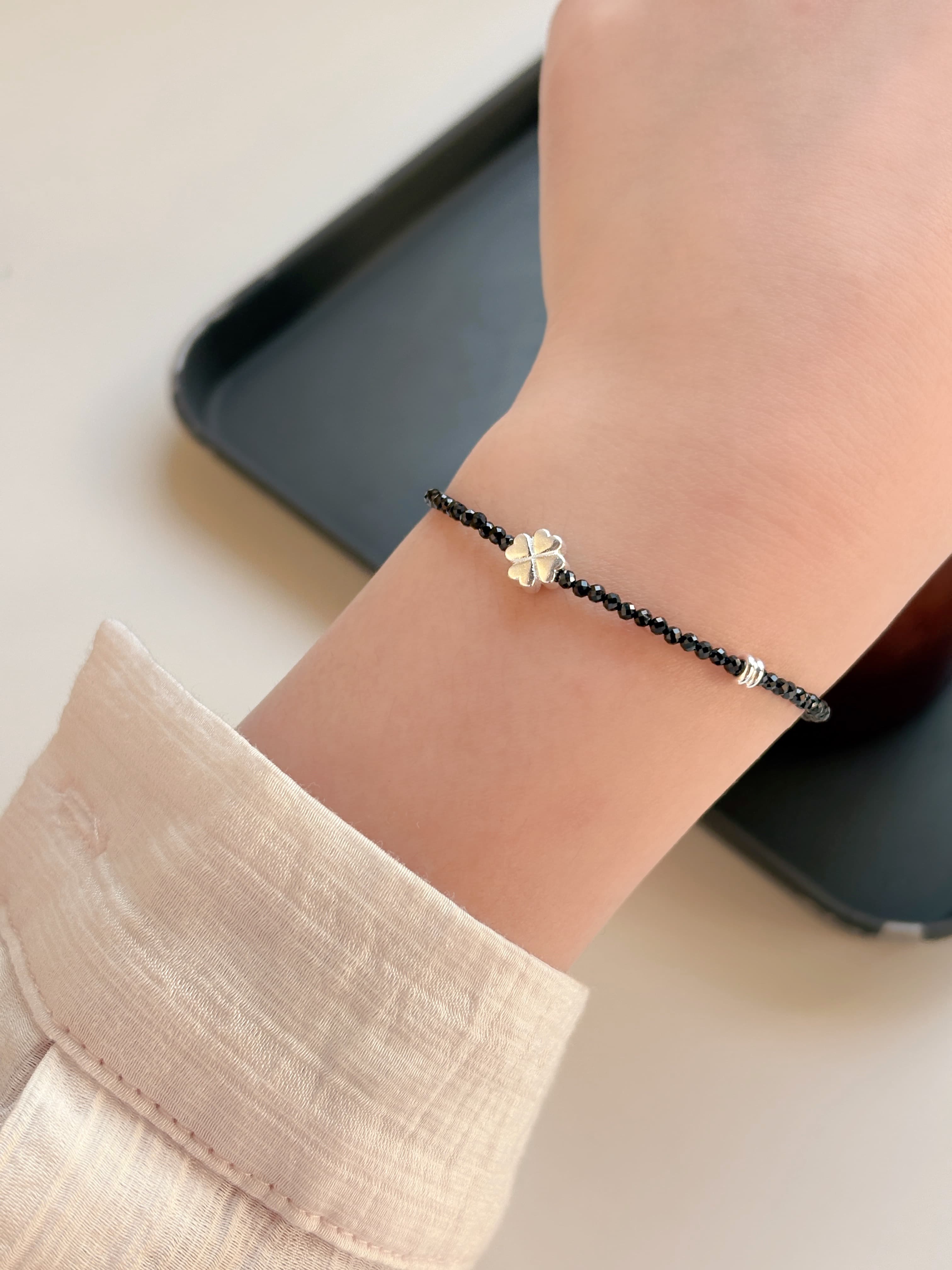 Silver 925 Square Beads Black Bead Necklace Summer Clover Pendant Silver Necklace - 이미지 6