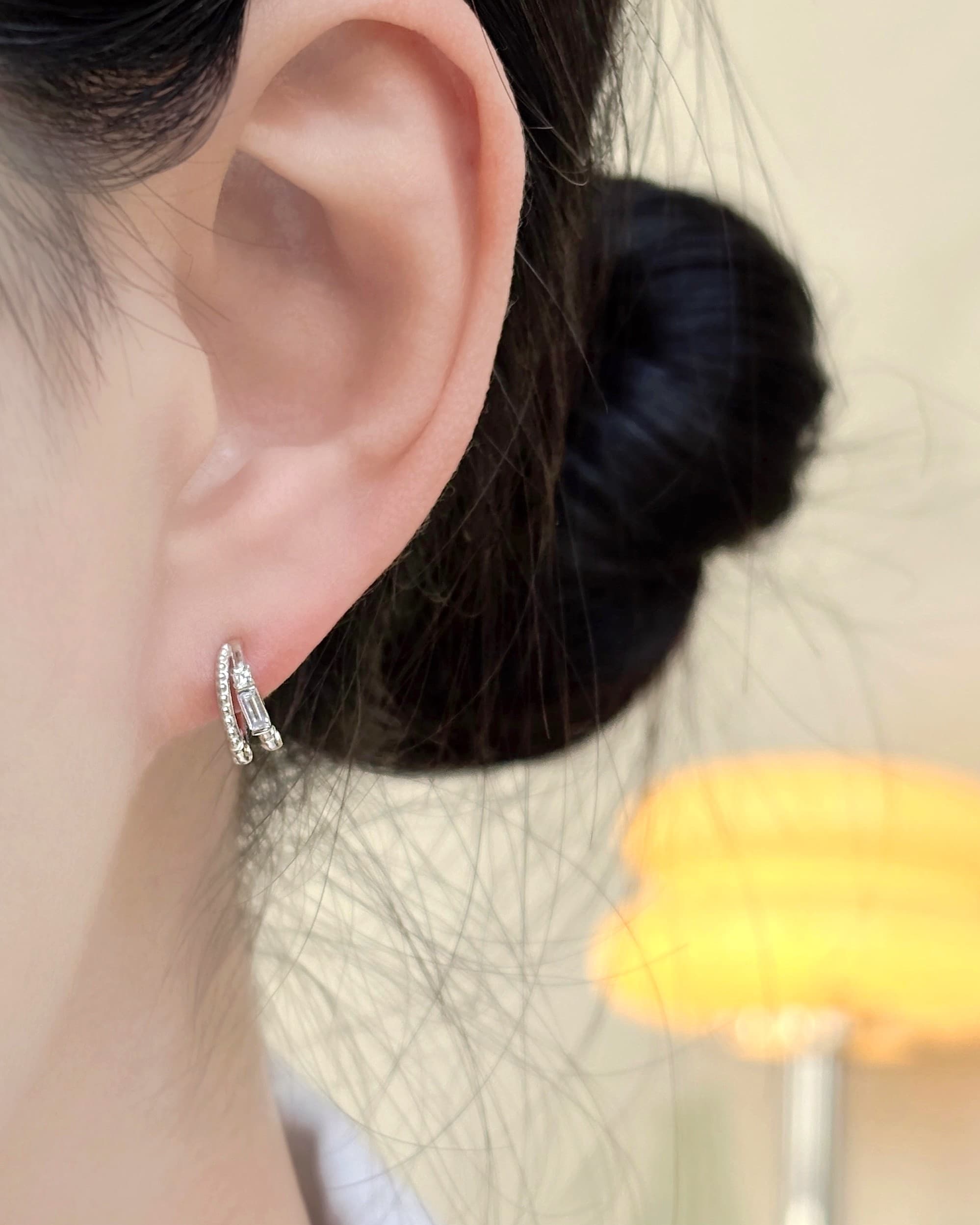 Silver 925 Cubic Double-Strand One-Touch Ring Earrings Mini Point Silver Earrings - 이미지 1