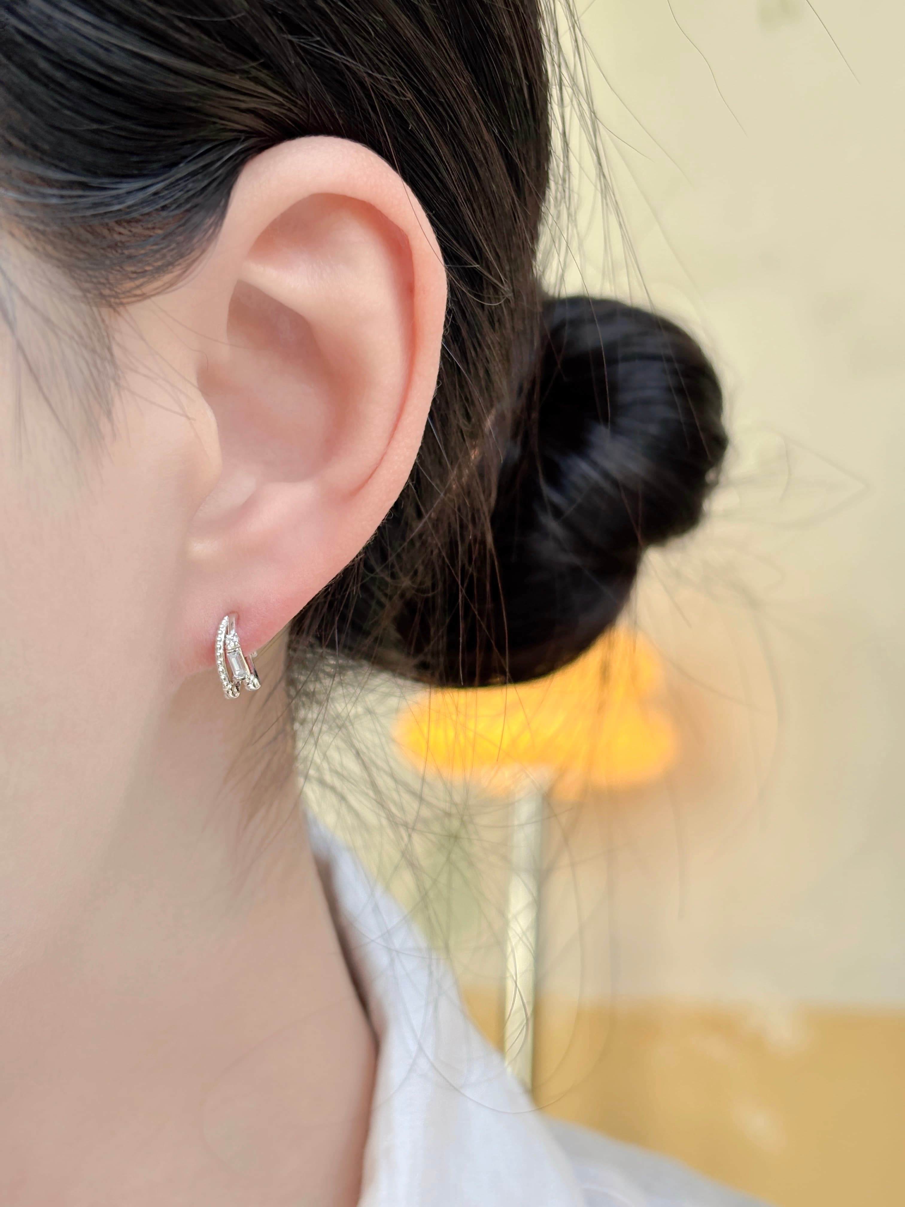 Silver 925 Cubic Double-Strand One-Touch Ring Earrings Mini Point Silver Earrings - 이미지 3