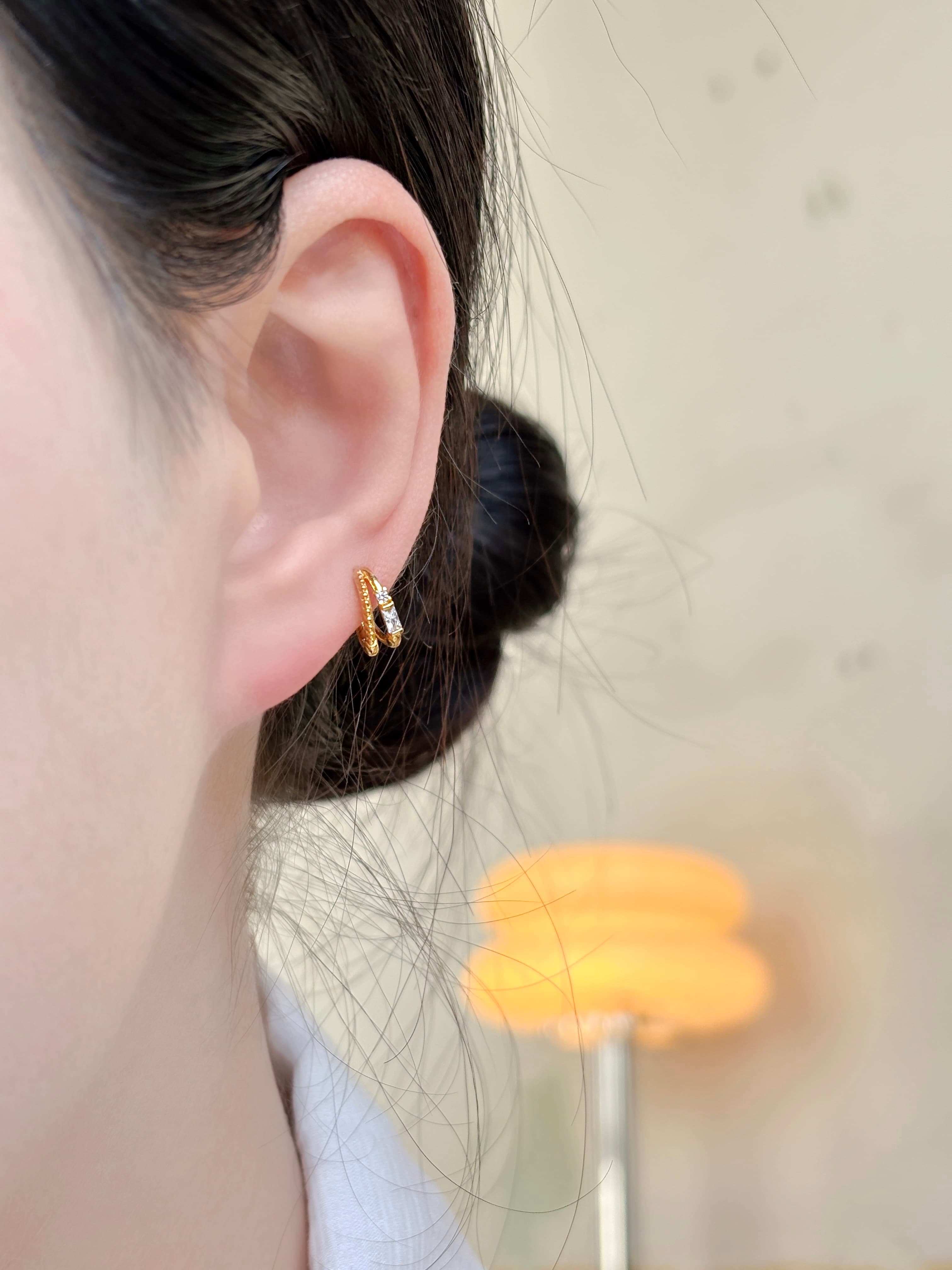Silver 925 Cubic Double-Strand One-Touch Ring Earrings Mini Point Silver Earrings - 이미지 6
