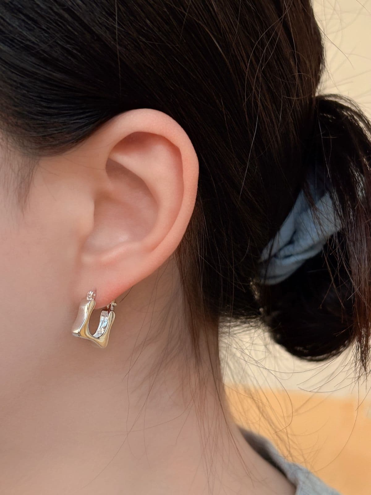 Silver 925 Square One-Touch Earrings Bold Volume Silver Earrings - 이미지 3