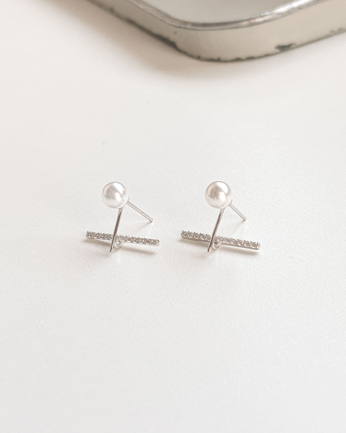 Silver 925 Pearl Cubic Bar Unique Drop Bold Silver Earrings - 이미지 6
