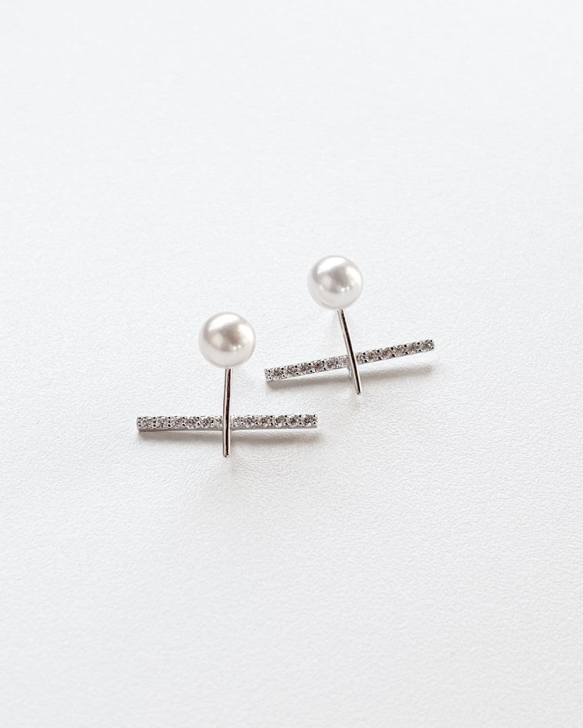 Silver 925 Pearl Cubic Bar Unique Drop Bold Silver Earrings - 이미지 4