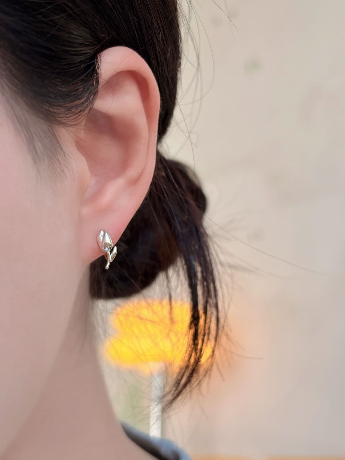 Silver 925 Tulip One-Touch Ring Earrings Mini Flower Silver Earrings - 이미지 3