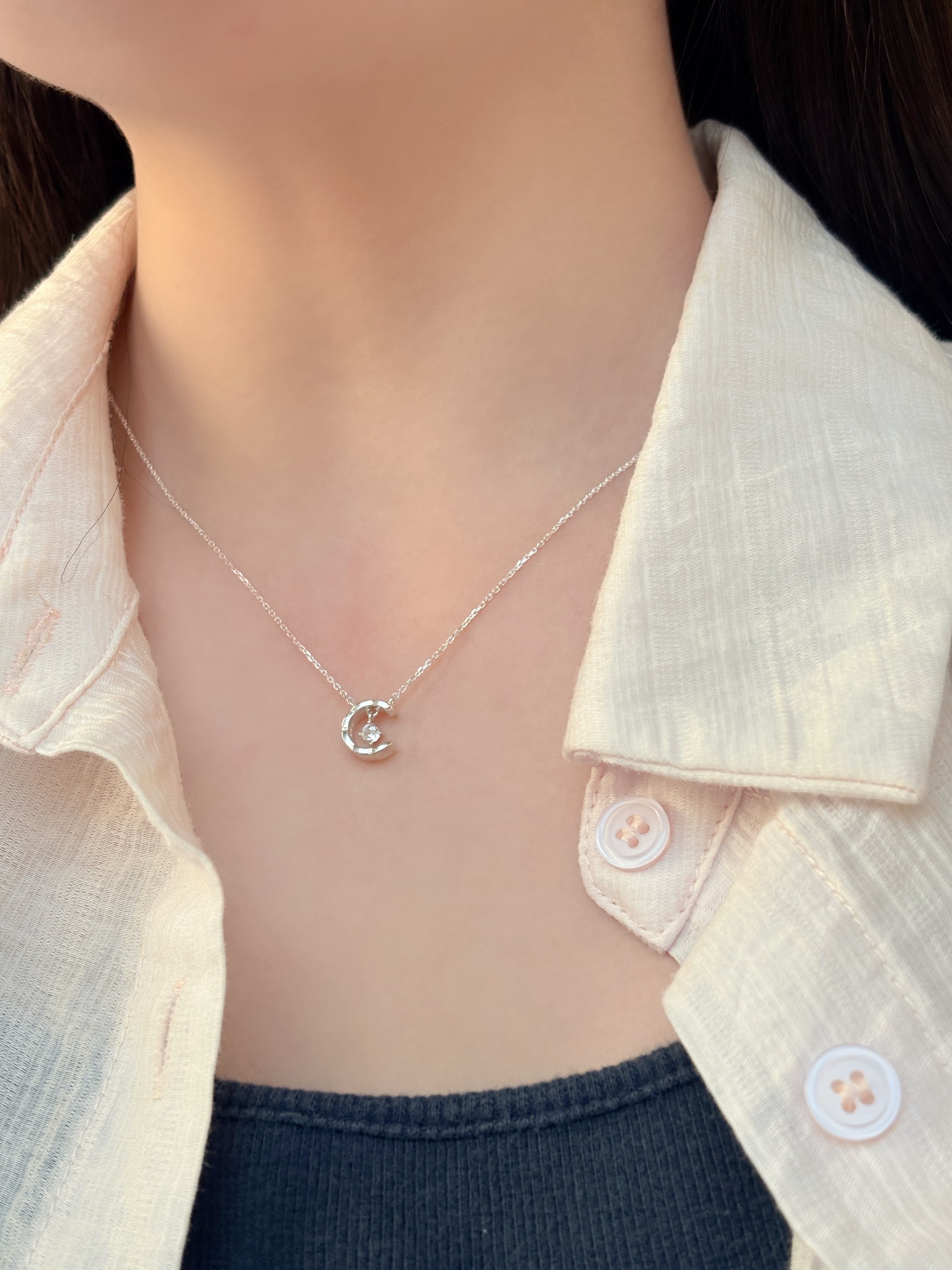 Silver 925 Quilted Pendant Crescent Cubic Necklace Embossed Silver Necklace - 이미지 2