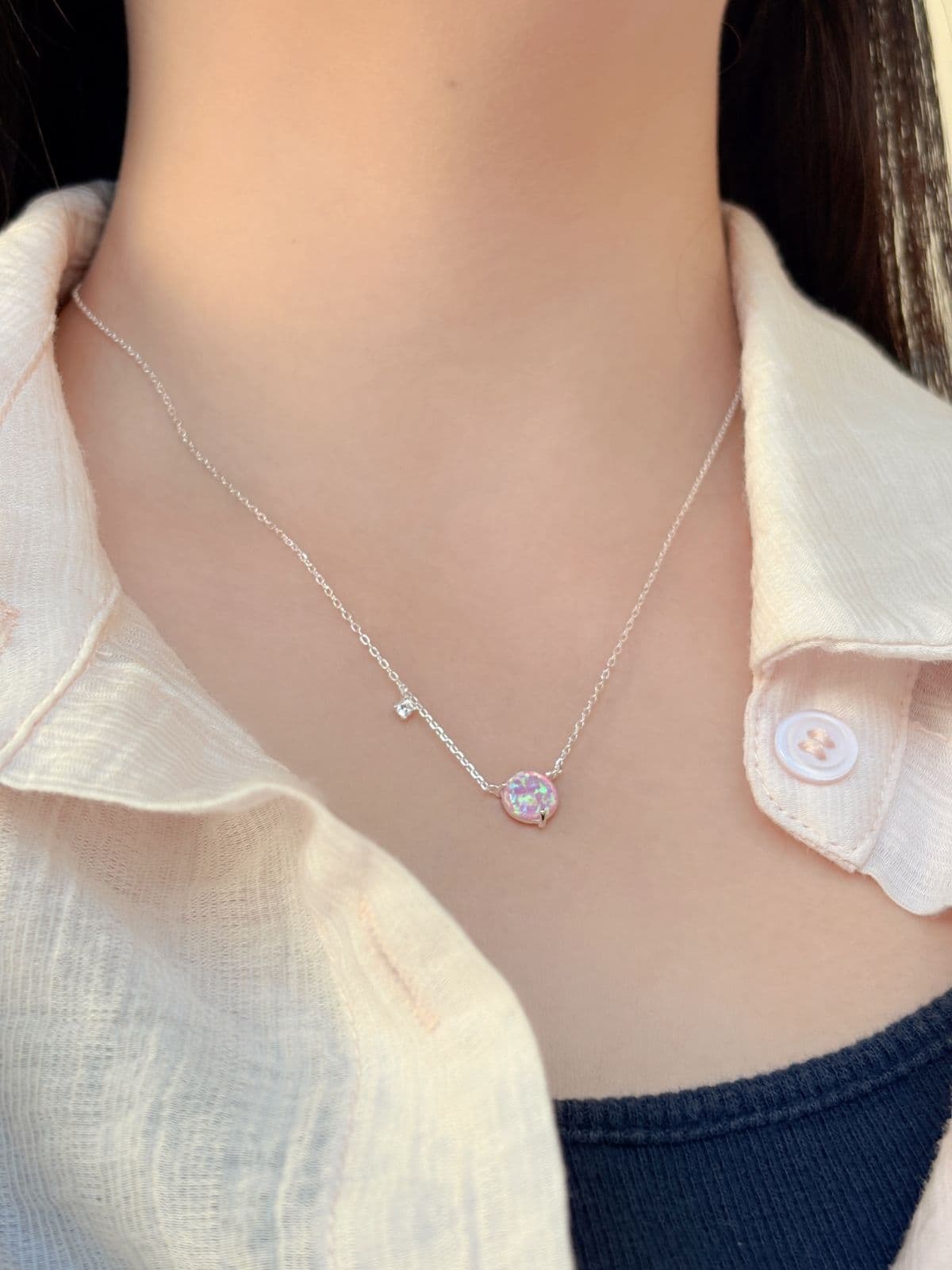 Silver 925 Opal Pendant 8mm Necklace Point Chain Silver Necklace - 이미지 5