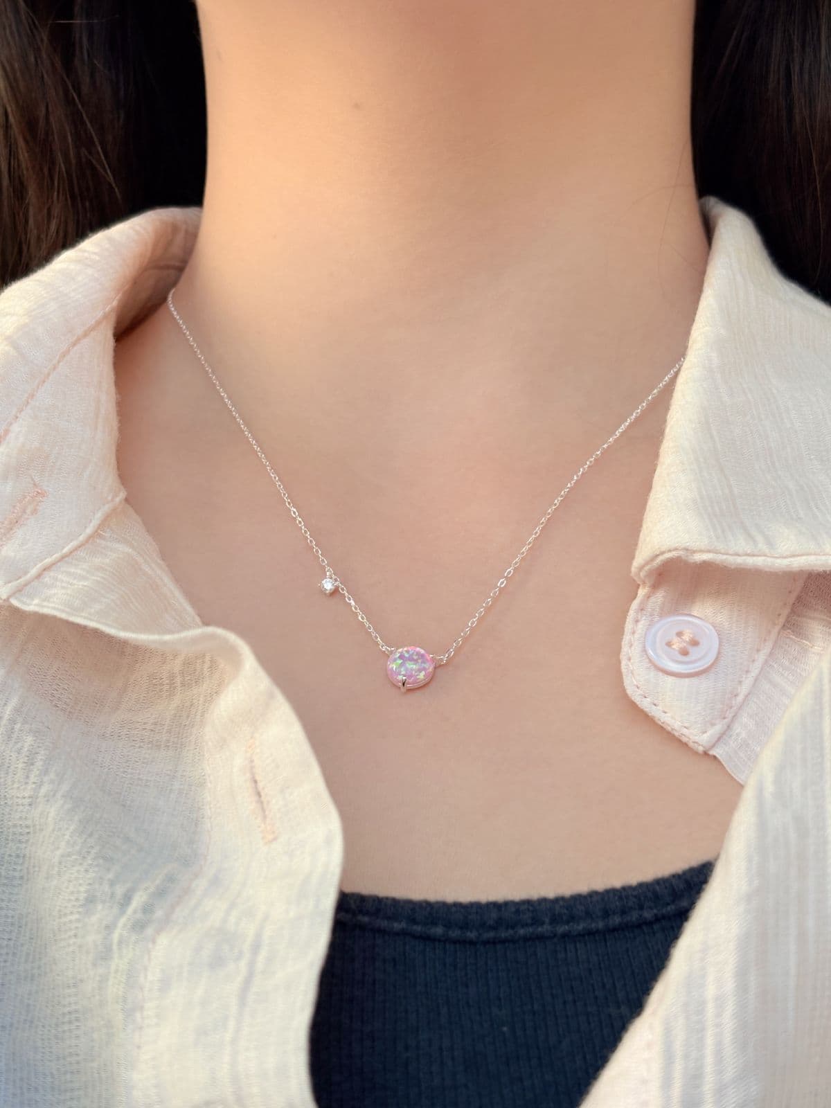 Silver 925 Opal Pendant 8mm Necklace Point Chain Silver Necklace - 이미지 4