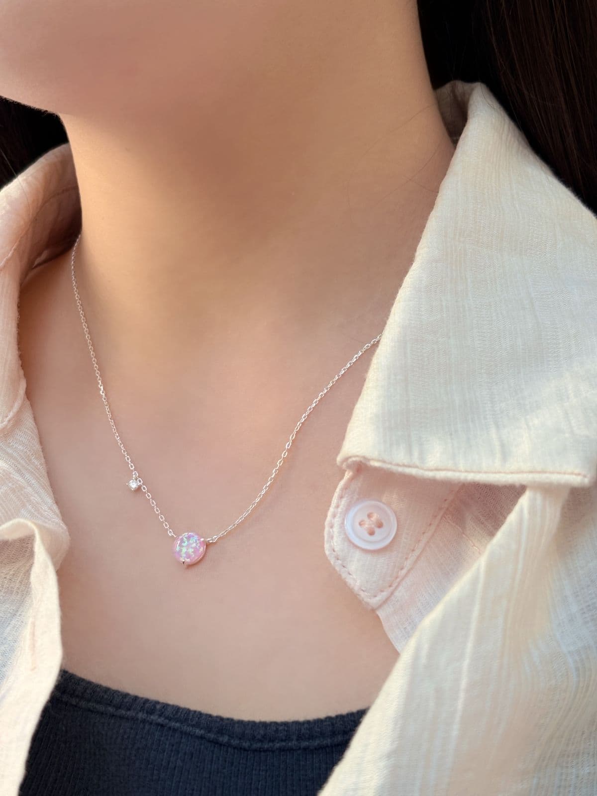 Silver 925 Opal Pendant 8mm Necklace Point Chain Silver Necklace - 이미지 3