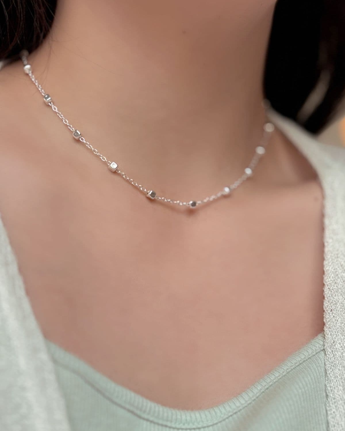 Silver 925 Square Ball Silver Chain Bracelet, Thin Chain Silver Bracelet with Silver Ball Point - 이미지 9