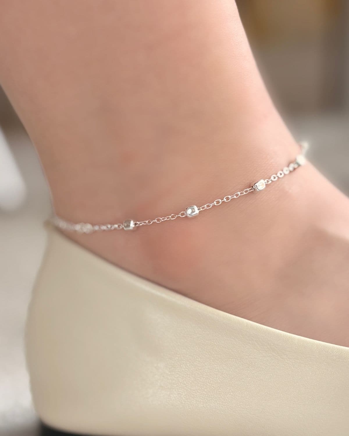 Silver 925 Square Ball Silver Chain Bracelet, Thin Chain Silver Bracelet with Silver Ball Point - 이미지 8