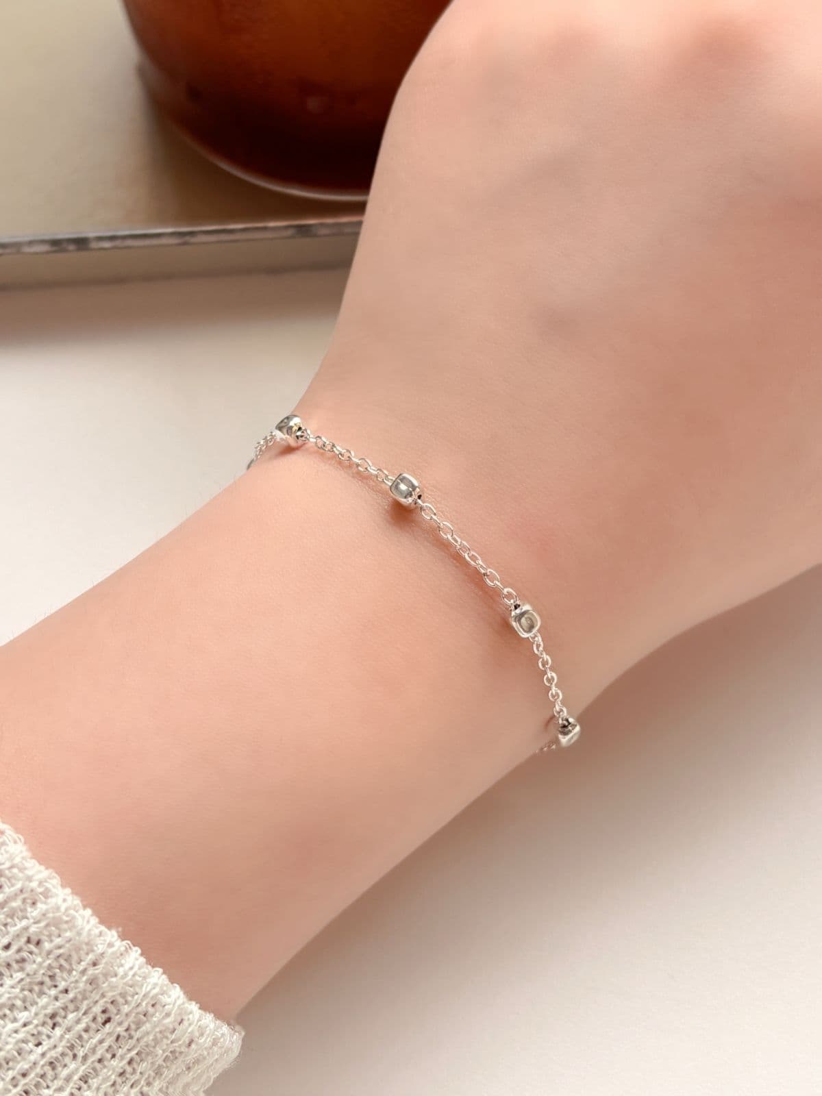 Silver 925 Square Ball Silver Chain Bracelet, Thin Chain Silver Bracelet with Silver Ball Point - 이미지 5