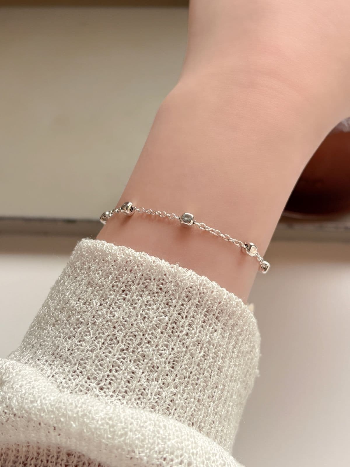 Silver 925 Square Ball Silver Chain Bracelet, Thin Chain Silver Bracelet with Silver Ball Point - 이미지 6