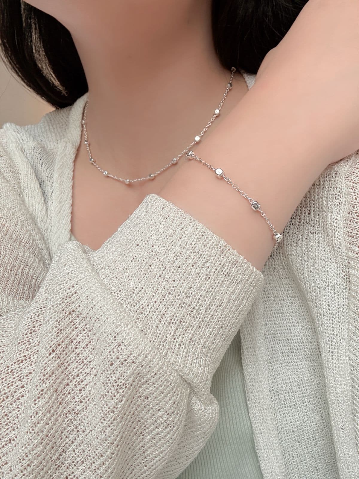 Silver 925 Square Ball Silver Chain Necklace, Thin Chain Silver Necklace with Silver Ball Point - 이미지 6