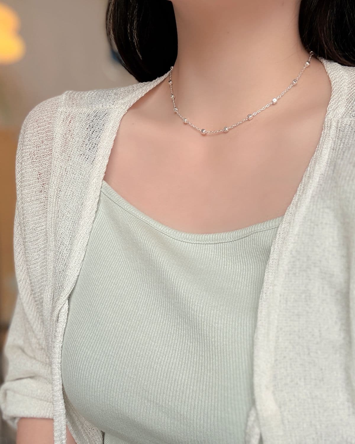 Silver 925 Square Ball Silver Chain Necklace, Thin Chain Silver Necklace with Silver Ball Point - 이미지 5