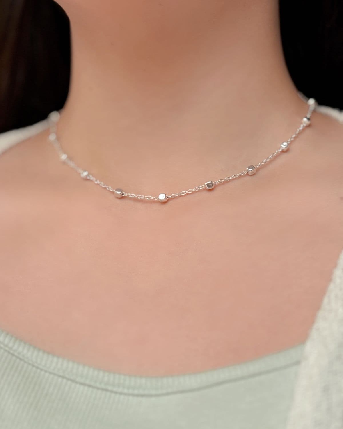 Silver 925 Square Ball Silver Chain Necklace, Thin Chain Silver Necklace with Silver Ball Point - 이미지 4