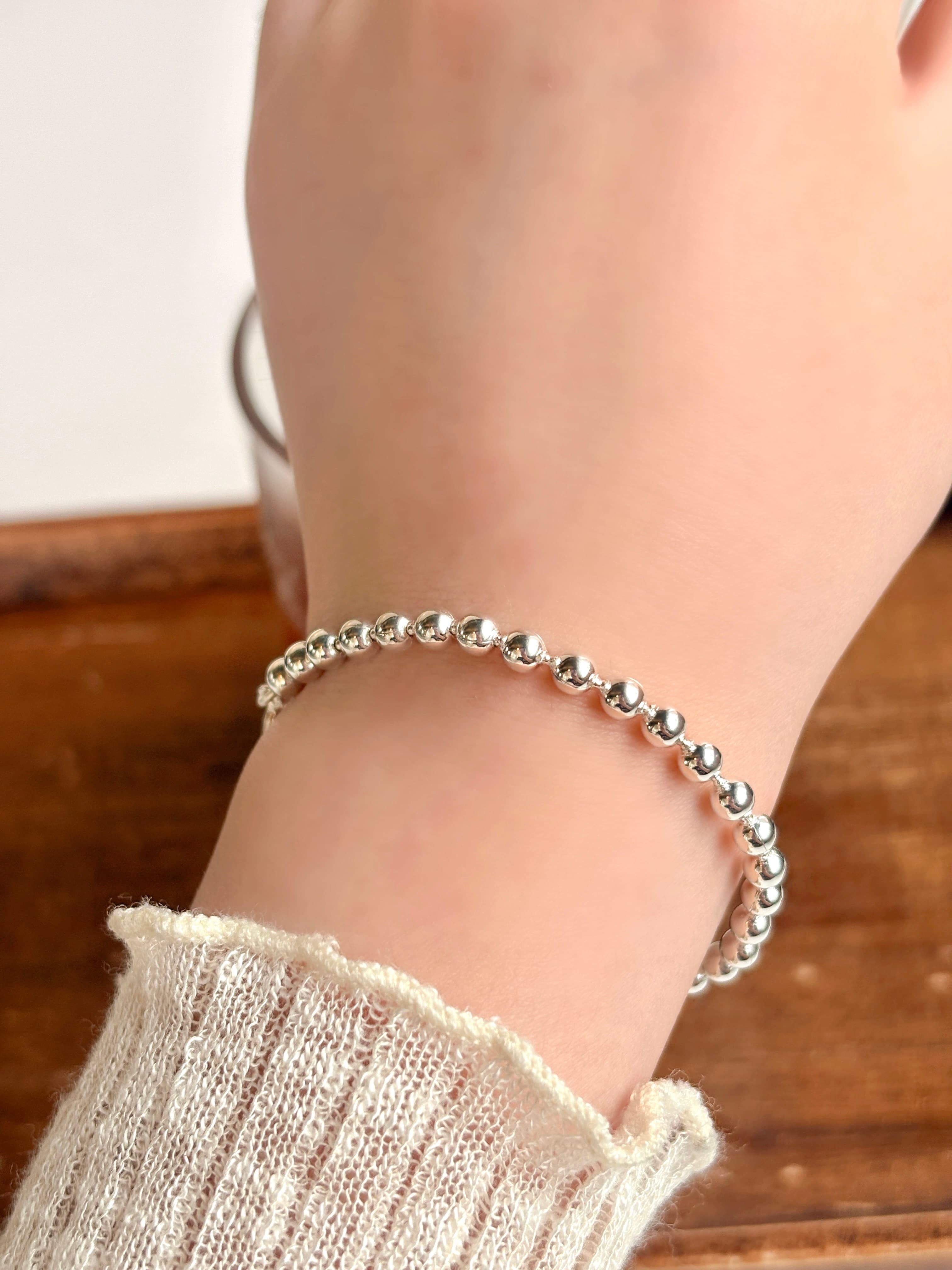 Silver 925 4mm Silver Ball Bracelet Bold Layered Silver Bracelet - 이미지 5