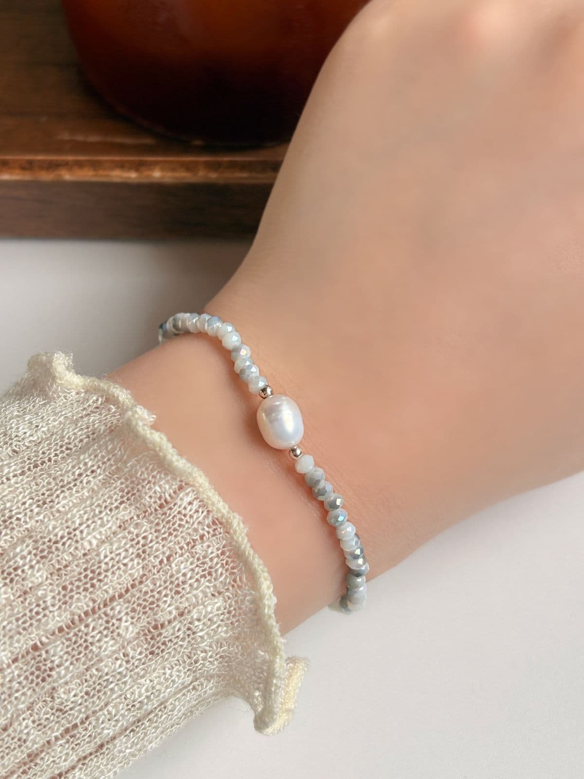 Silver 925 Free Size Bead Bracelet Cut Freshwater Pearl Silver Ball Bracelet - 이미지 2
