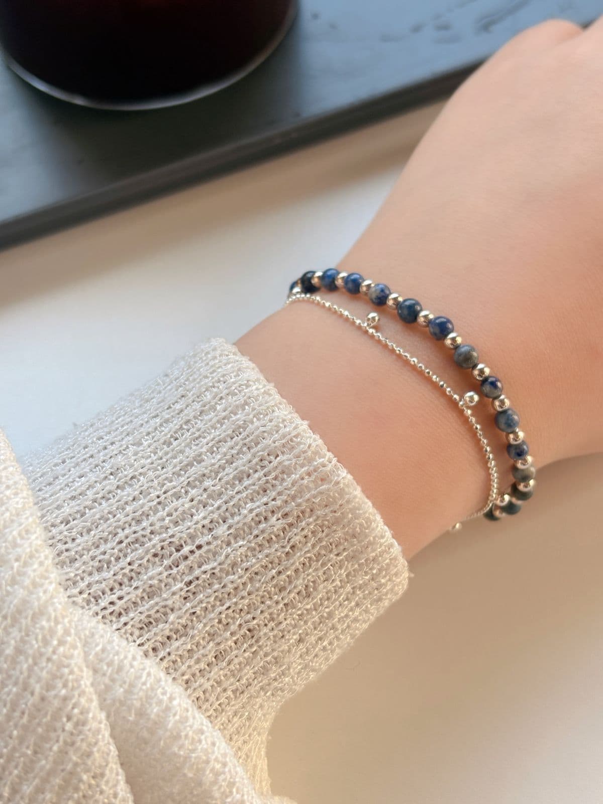 Silver 925 Lapis Lazuli Bead Gemstone Bracelet Silver Ball Layered Silver Bracelet - 이미지 3