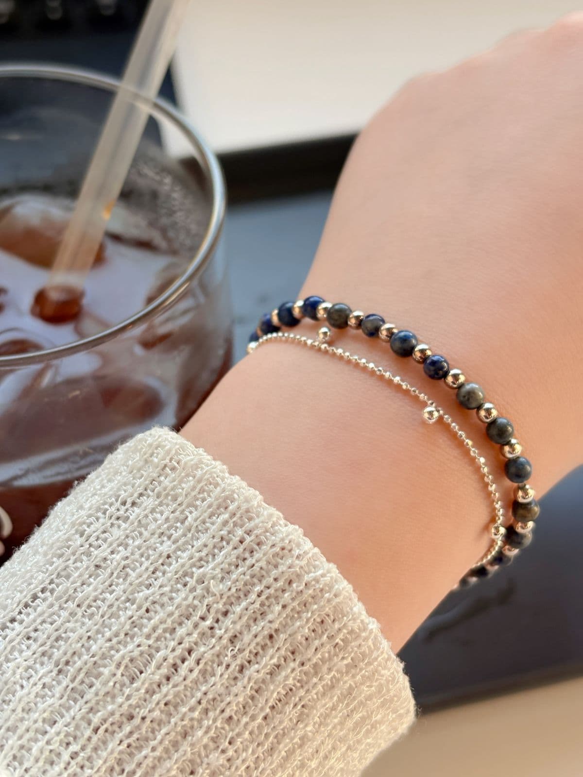 Silver 925 Lapis Lazuli Bead Gemstone Bracelet Silver Ball Layered Silver Bracelet - 이미지 4