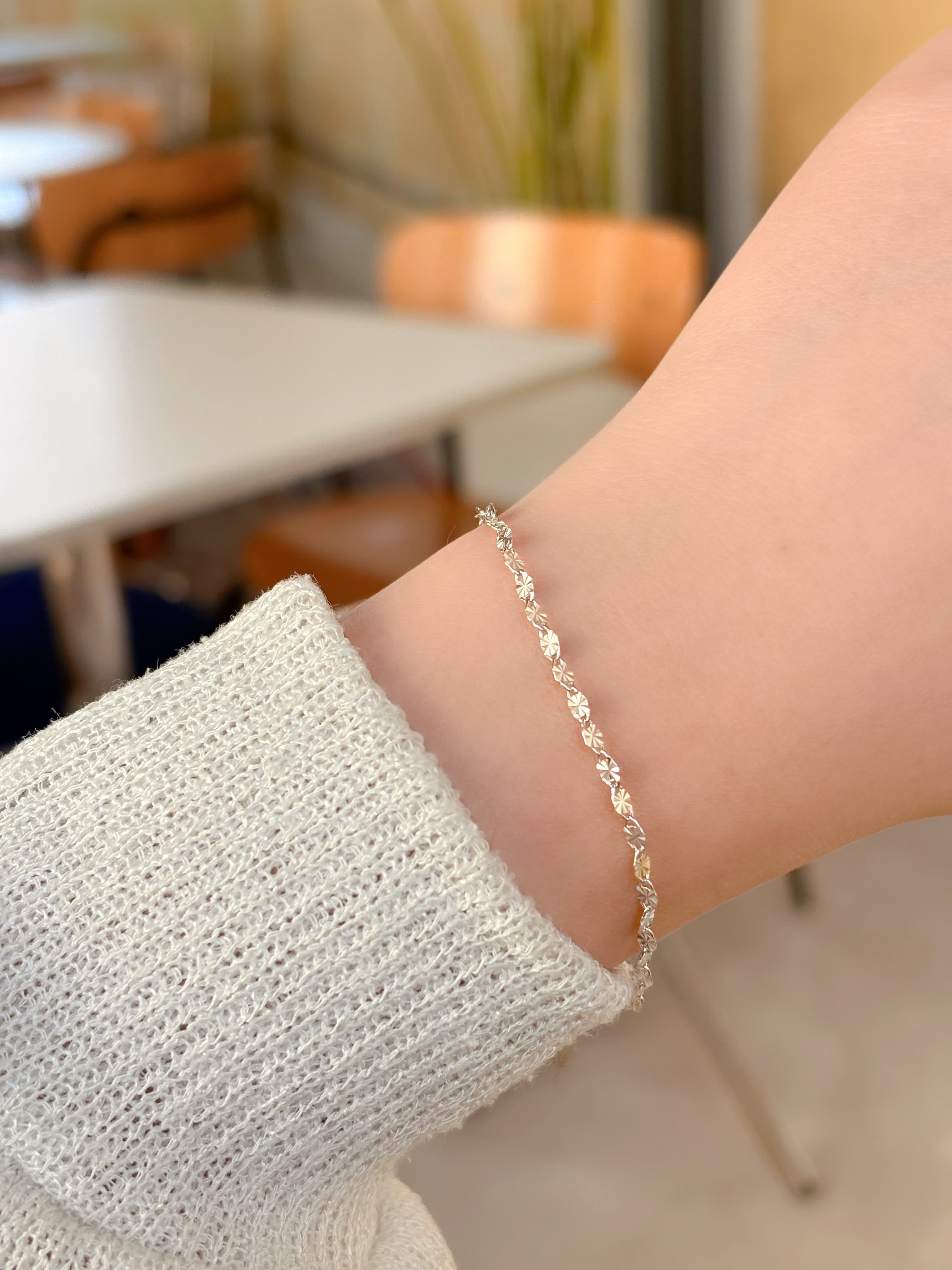 Silver 925 Cut Chain Point Oval Point Silver Chain Layered Bracelet - 이미지 5
