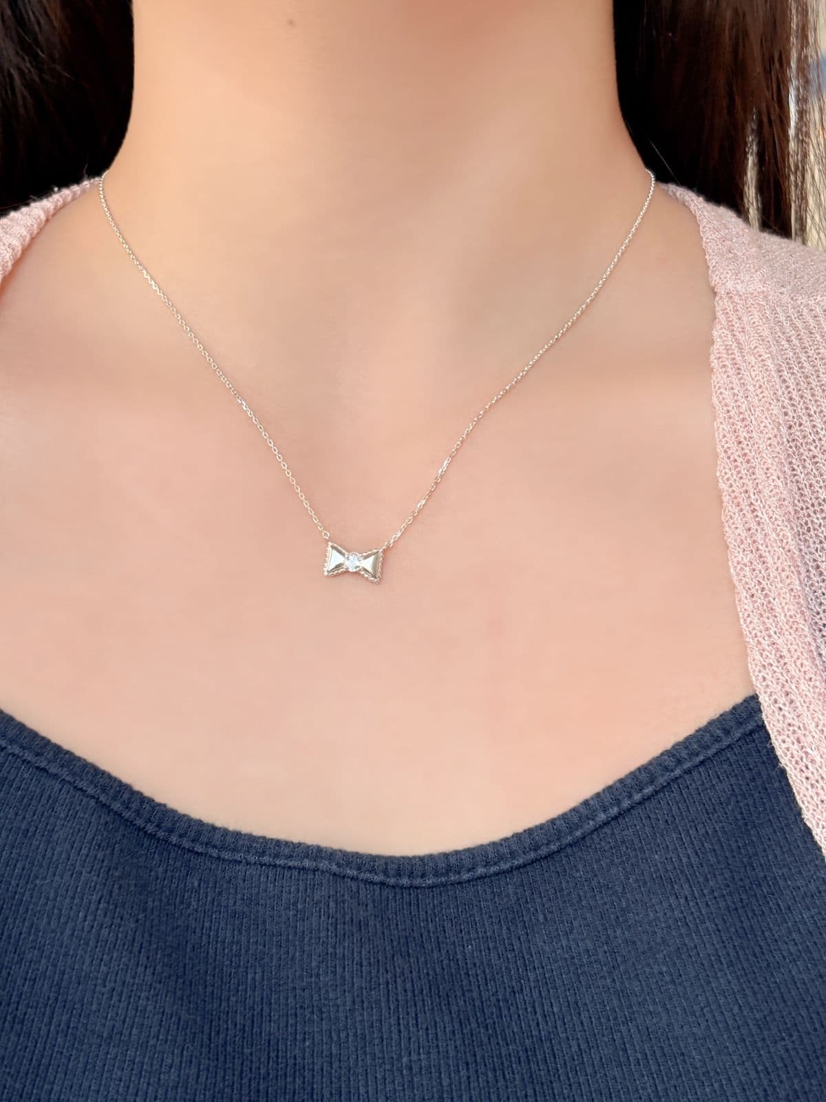 Silver 925 Cushion Ribbon Necklace Mini Chubby Silver Necklace - 이미지 3