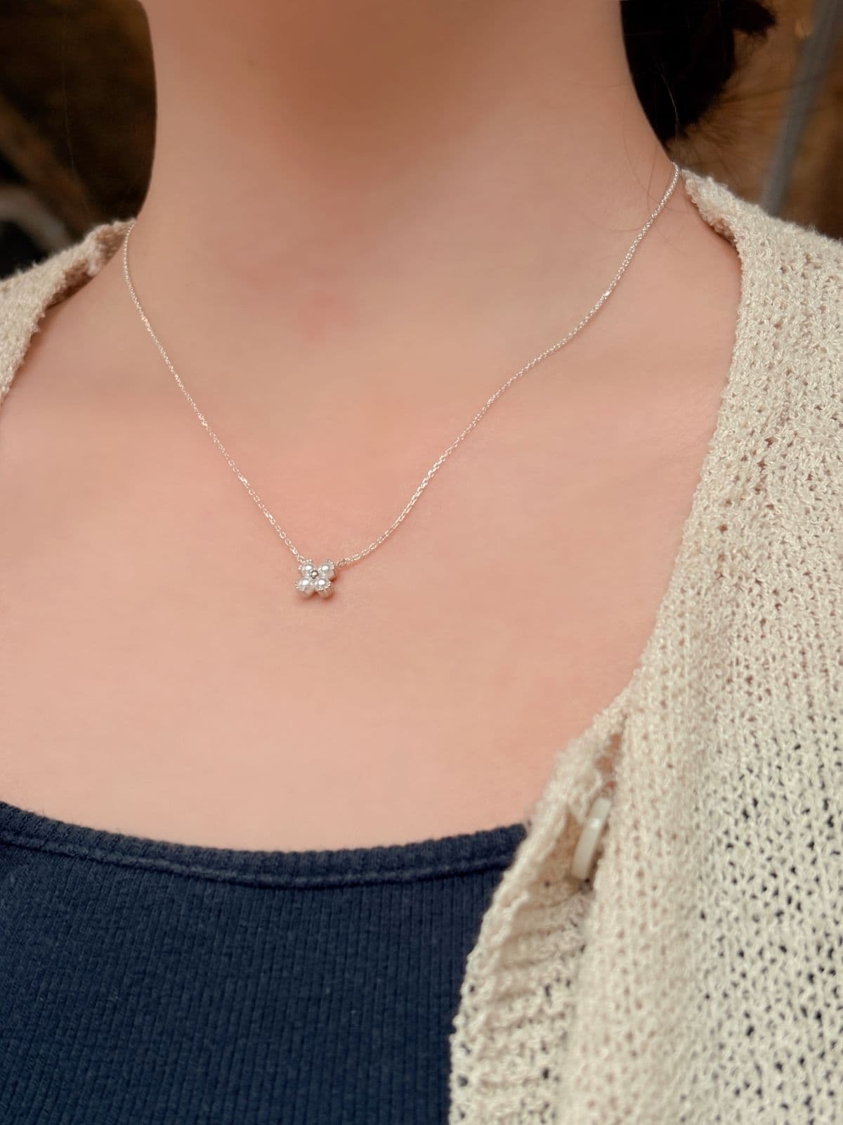 Silver 925 Clover Pearl Mini Pendant Necklace - 이미지 4