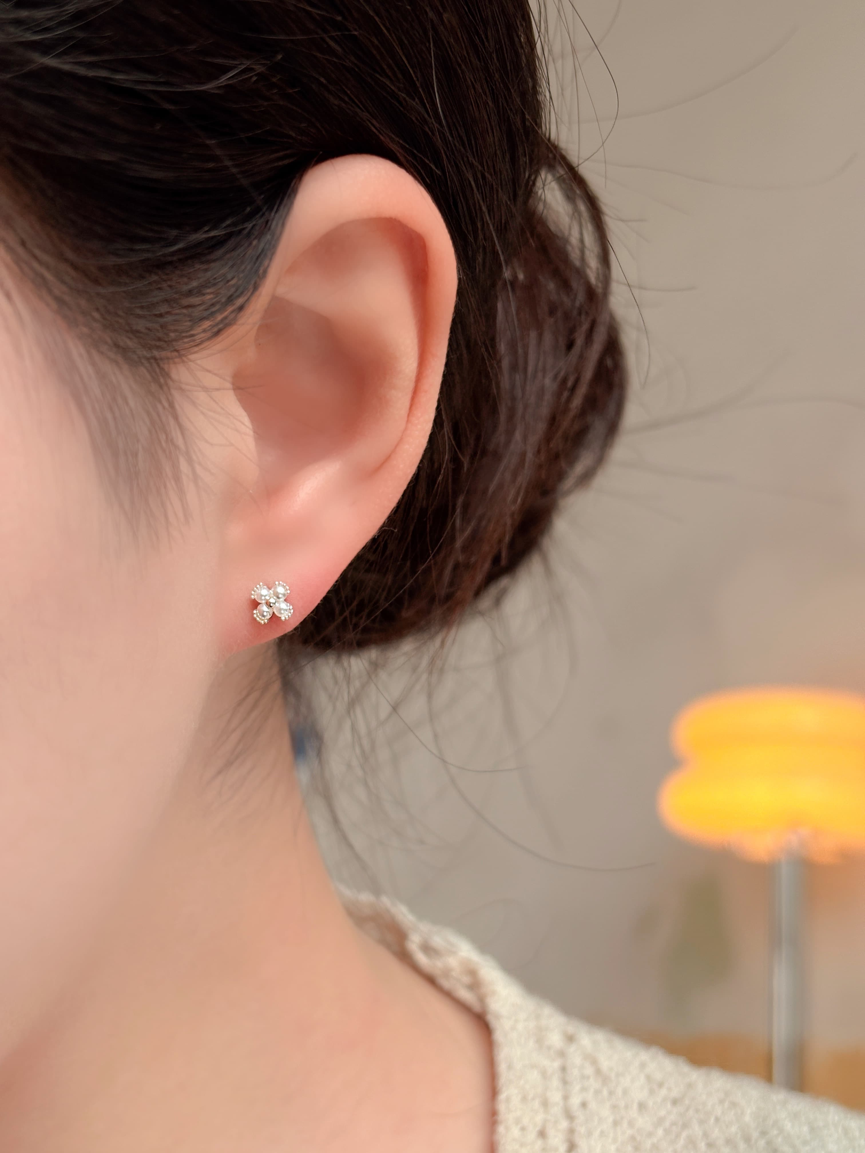 Silver 925 Mini Pearl Clover Pendant Earrings - 이미지 5