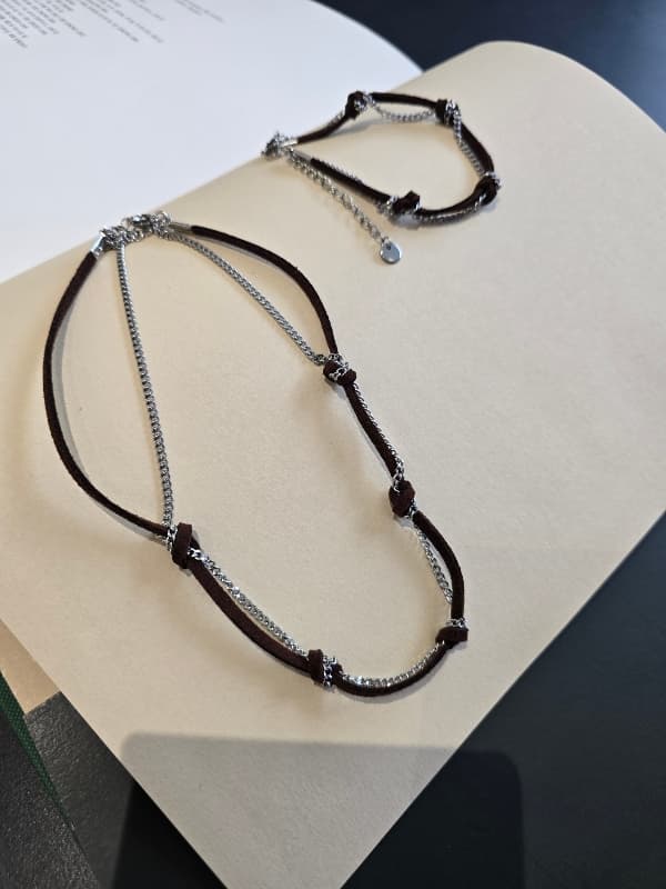 (Unisex) Stainless Steel Mix Strap & Chain Necklace & Bracelet - 이미지 4
