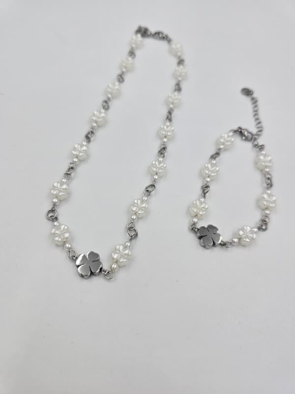 Stainless steel pearl four-leaf clover chain bracelet necklace - 이미지 3
