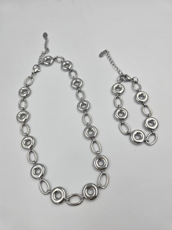 (Unisex) Stainless Steel Mix Oval Chain Necklace & Bracelet - 이미지 2