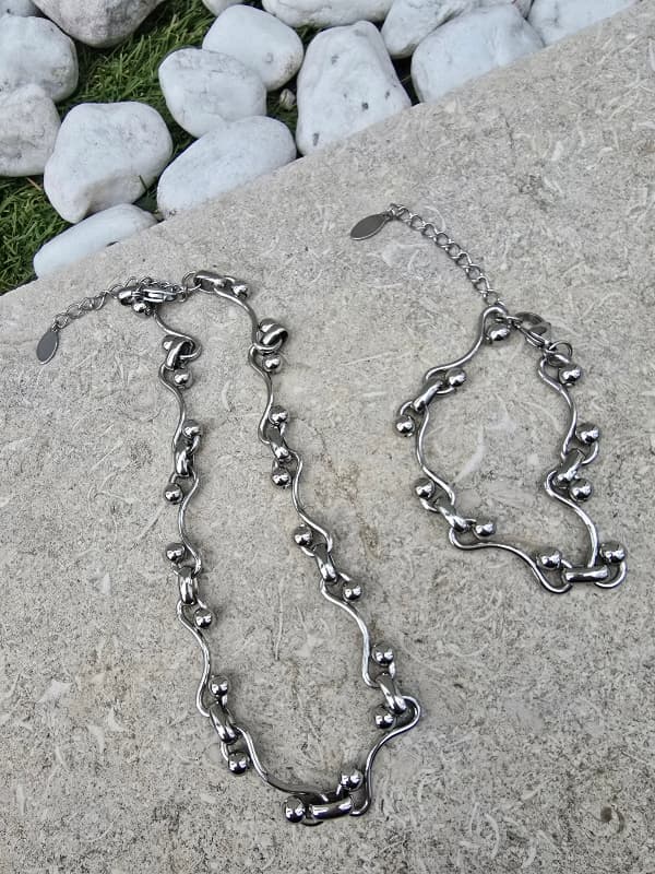 (Unisex) Stainless Steel Ball Wave Chain Necklace & Bracelet - 이미지 2