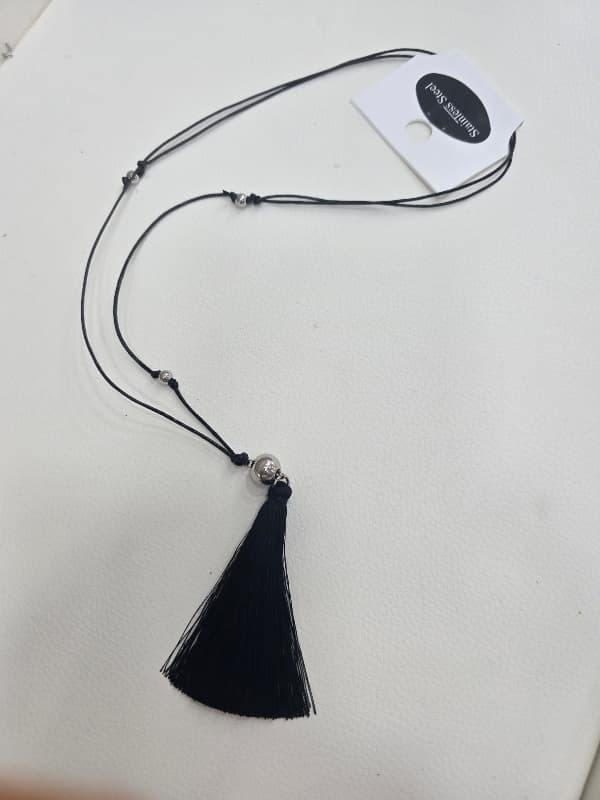 Stainless Steel Tassel Slide Strap Long Necklace - 이미지 3