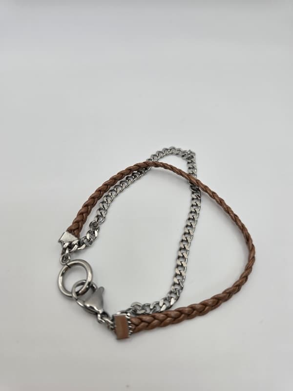 (Unisex) Stainless Steel Leather & Chain OT Bracelet, Necklace - 이미지 4