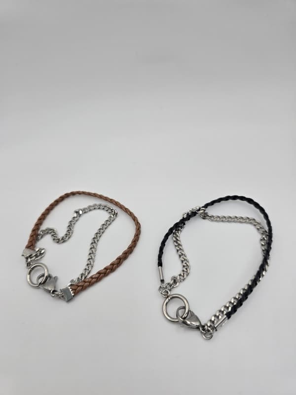 (Unisex) Stainless Steel Leather & Chain OT Bracelet, Necklace - 이미지 3