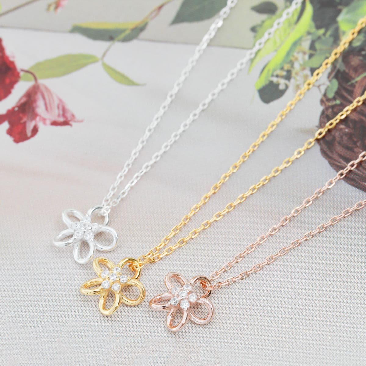 [SN6401] Silver 925 Cubic Line Flower Necklace - 이미지 2