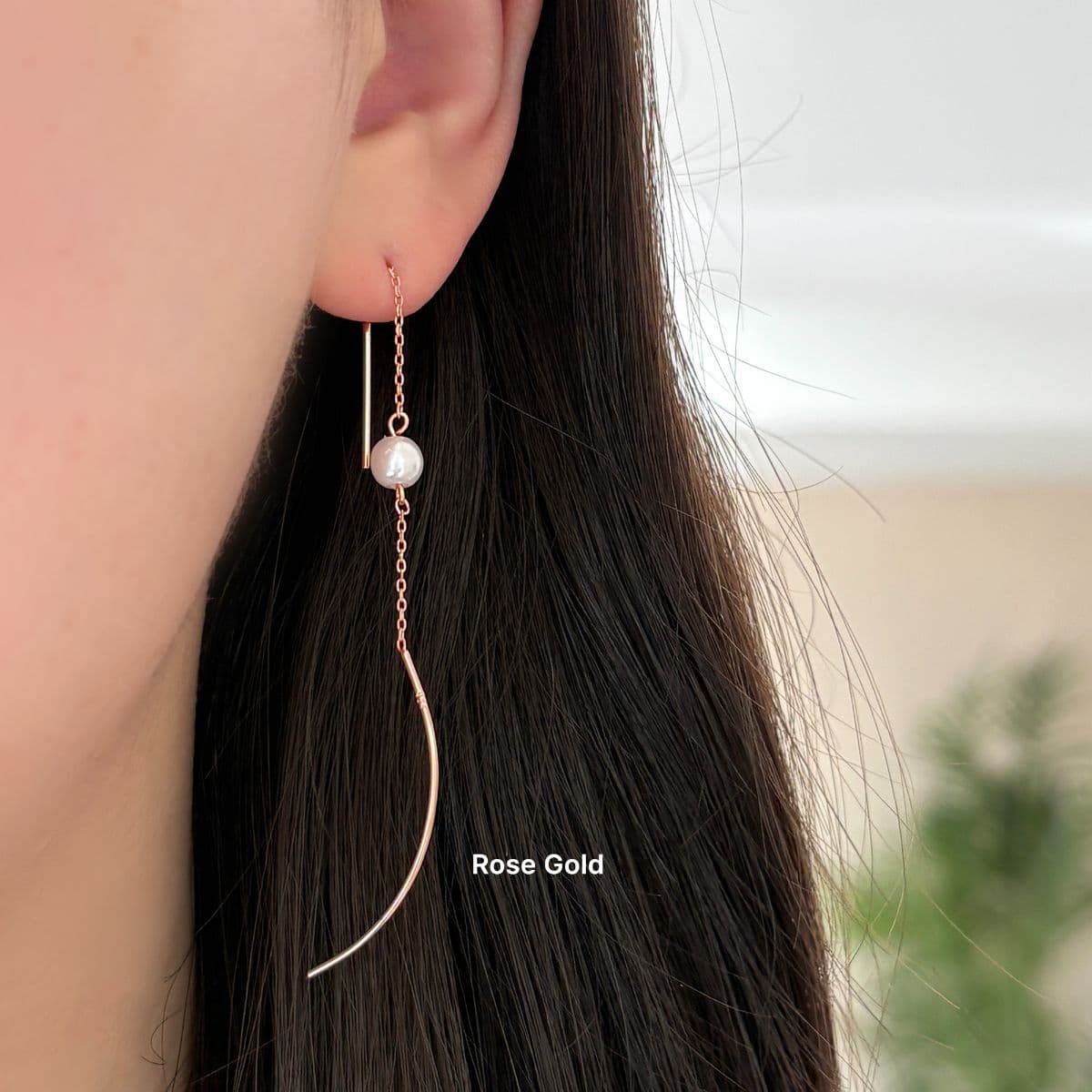 [SE6417] Silver 925 Swarovski Pearl and Curve Chain Drop Earrings - 이미지 9