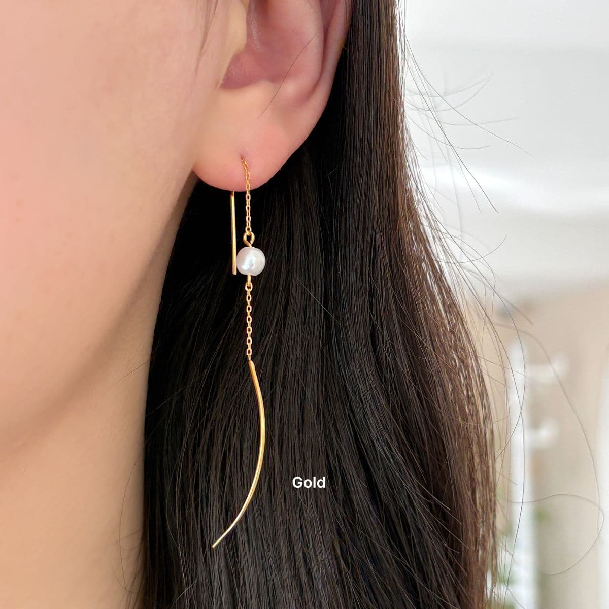 [SE6417] Silver 925 Swarovski Pearl and Curve Chain Drop Earrings - 이미지 6