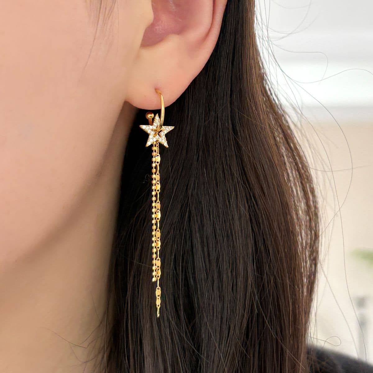 [SE6418] Silver 925 Cubic Star and Two Type Chain Drop Earrings - 이미지 5