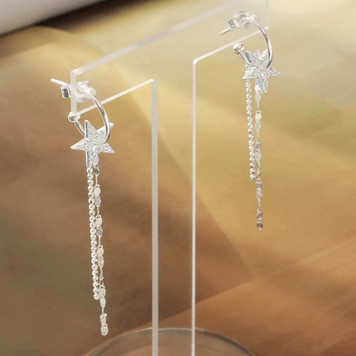 [SE6418] Silver 925 Cubic Star and Two Type Chain Drop Earrings - 이미지 3