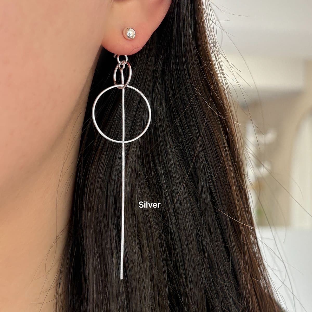 [SE6420] Silver 925 Double Ring Snake Chain Drop Earrings - 이미지 2