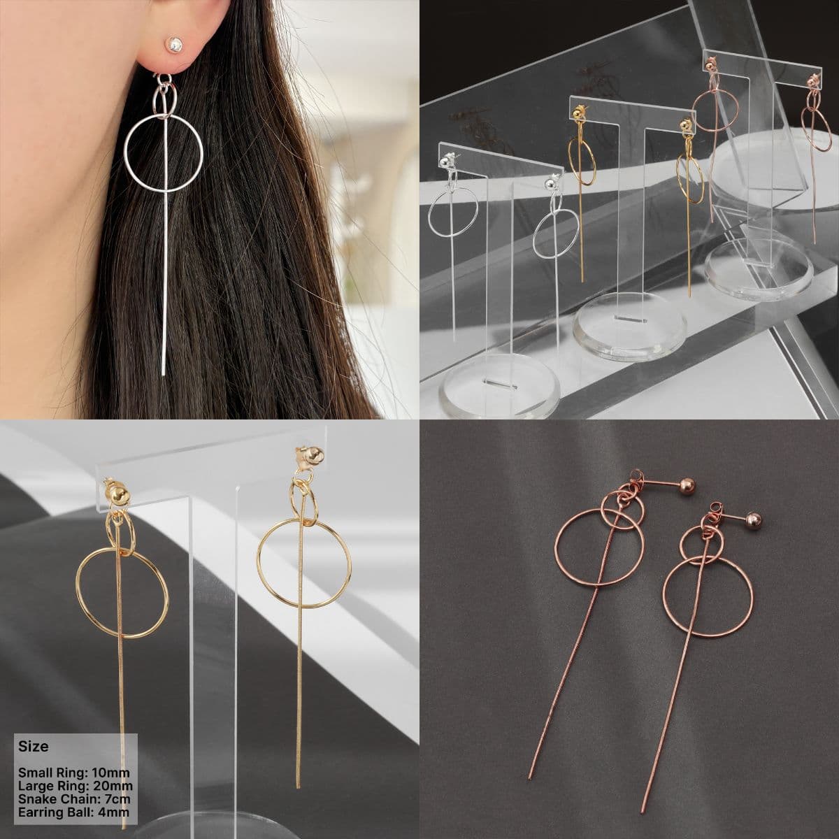 [SE6420] Silver 925 Double Ring Snake Chain Drop Earrings - 이미지 1
