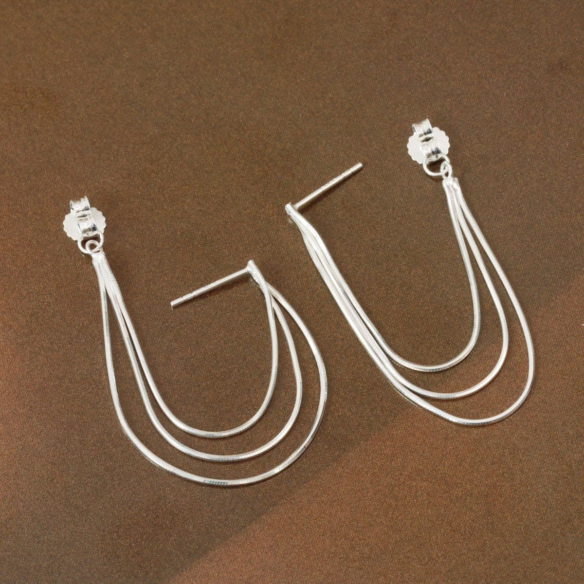 [SE6434] Silver 925 Thin Snake Chain Triple Chain Holding Earrings - 이미지 3