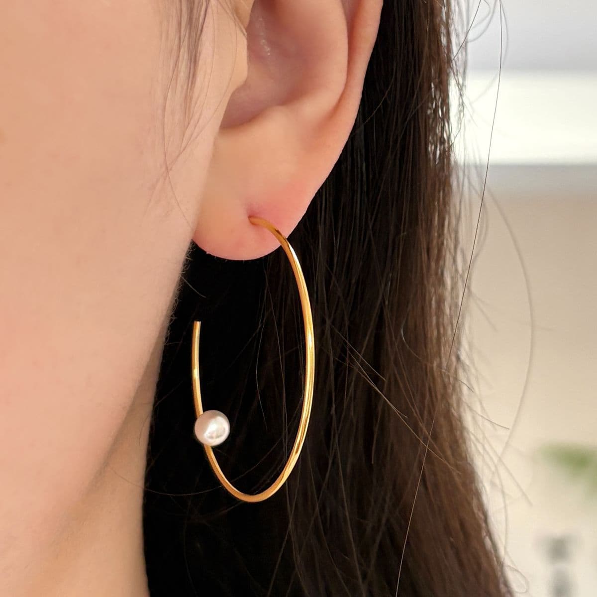 [SE6504] 925 Silver Big and Thin Hoop Pearl Earrings - 이미지 5
