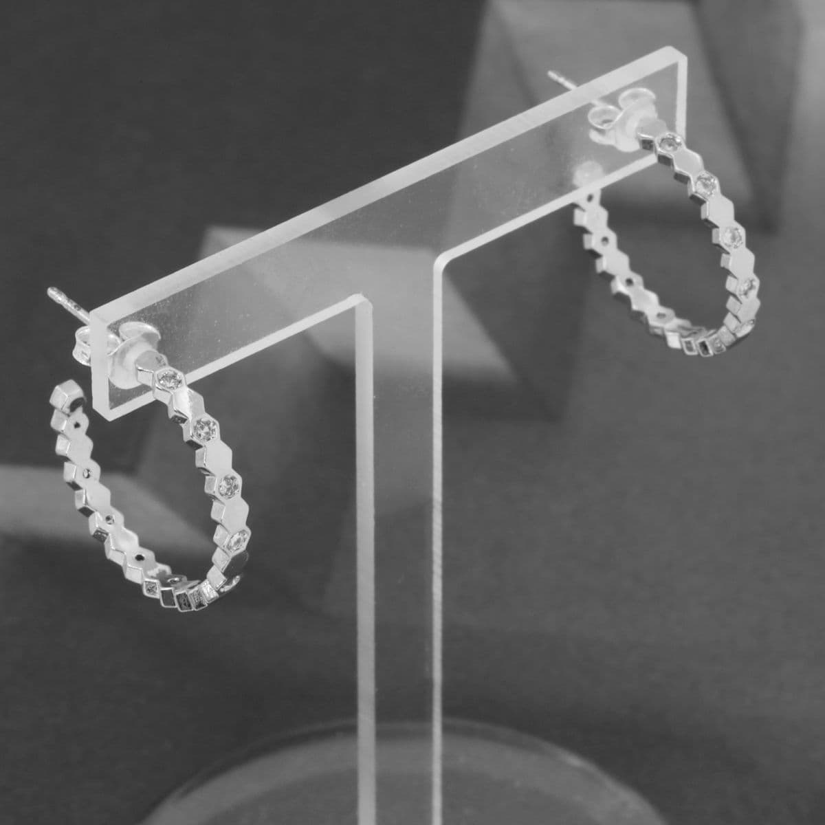 [SE6506] 925 Silver Hexagonal Cubic Hoop Earrings - 이미지 2